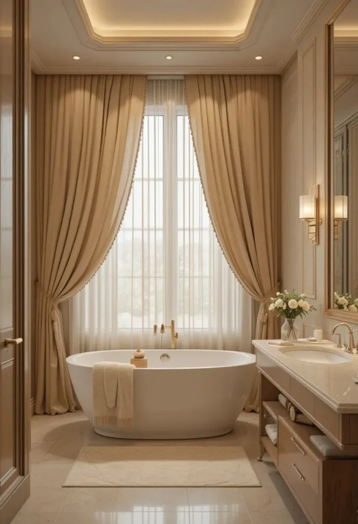 Layered bathroom curtains creating a soft and elegant look.