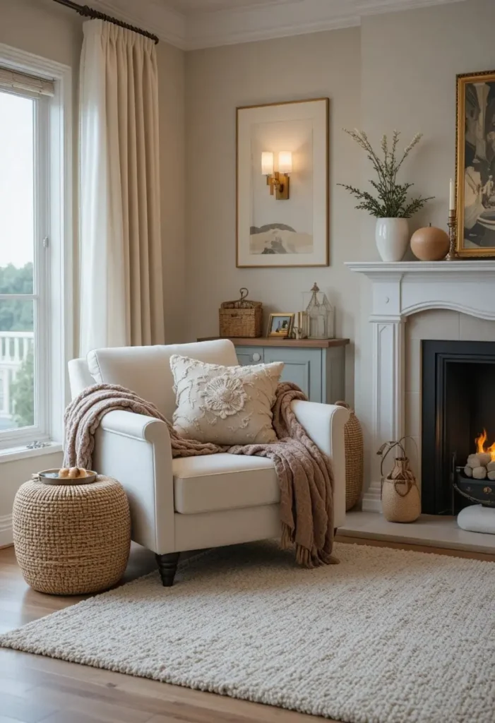 Oversized cozy accent chair beside a fireplace in a living room.