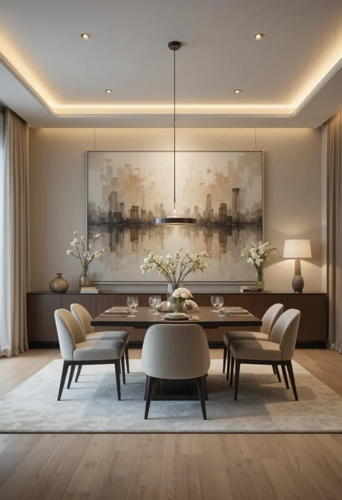 Dining room with oversized abstract artwork and soft modern styling.