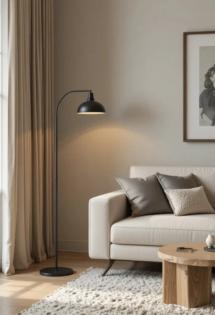 Black metal floor lamp beside a neutral sofa in a modern living room.