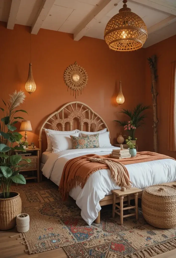 dark boho moody bedroom ideas with earthy textures and cozy decor