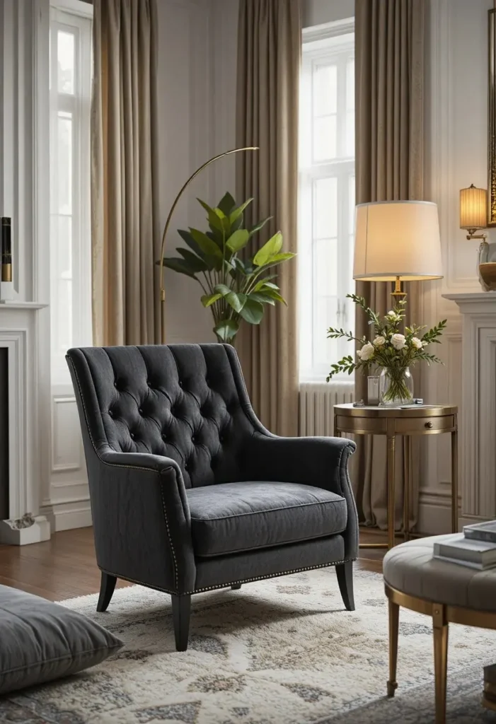 Tufted accent chair adding classic elegance to a living room.