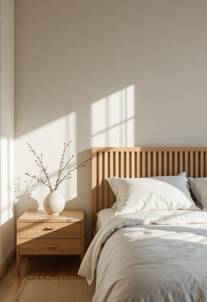  Slatted light oak headboard casting soft shadows on a white wall in a Japandi bedroom.