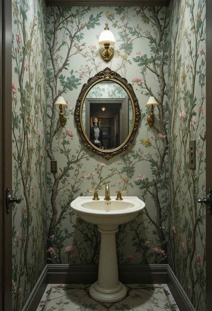 Whimsical powder room with floor to ceiling vintage botanical wallpaper, brass sink, and scalloped mirror.