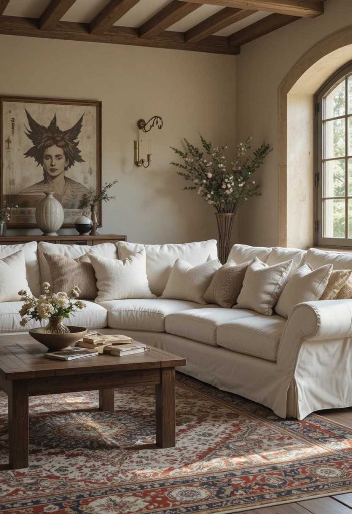 Oversized cream linen slipcovered sofa with layered pillows, reclaimed wood coffee table, and vintage Persian rug in a Tuscan living room.