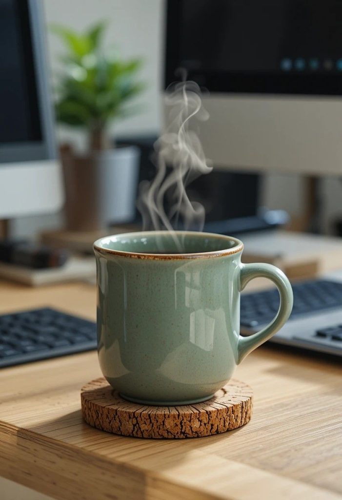  Matte sage green stoneware coffee mug sitting on a cork coaster at the edge of an office desk with steam rising softly