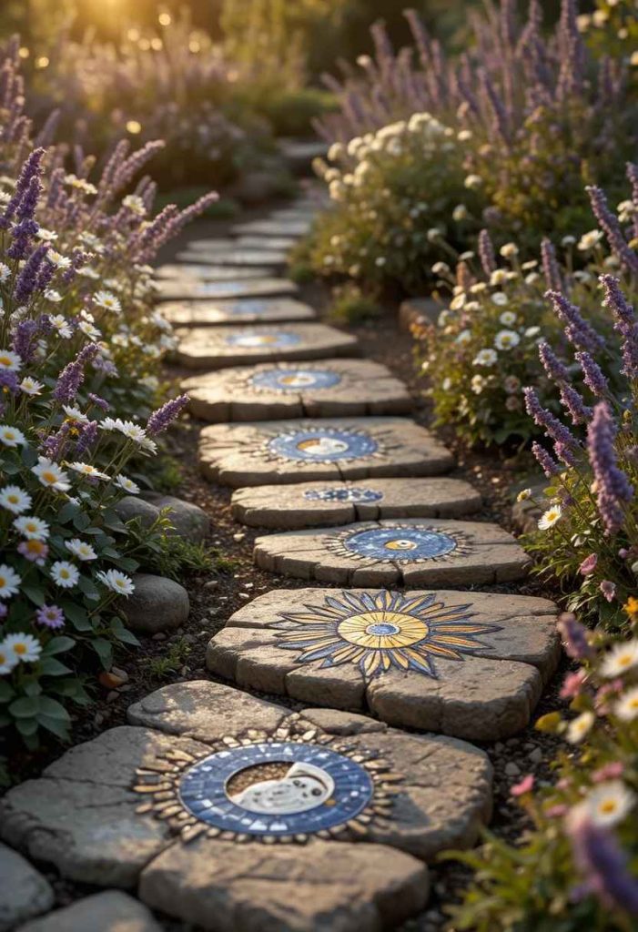 Hand-painted blue and gold mosaic stepping stones forming a winding path through a lavender and chamomile garden