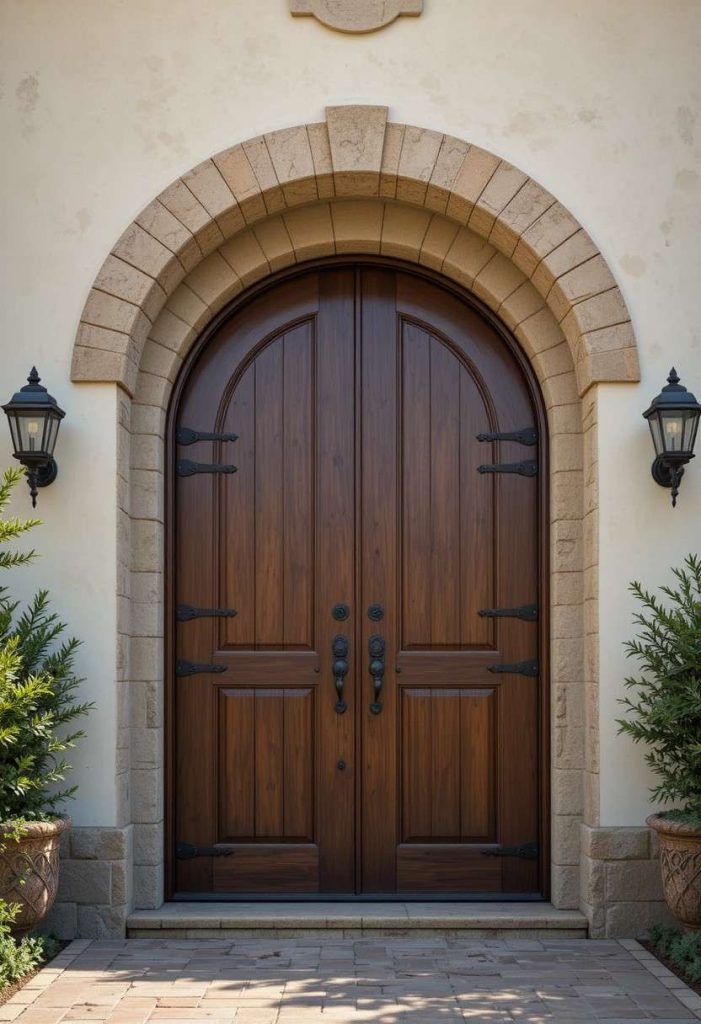 Massive arched wooden Tuscan entry door in walnut with iron straps, clavos, and knocker, set in cream stucco with sconces.