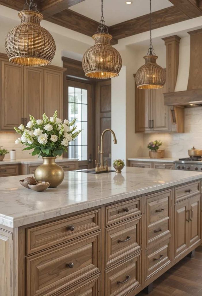Detail of New Tuscan kitchen island with unlacquered brass hardware, white oak drawers, travertine countertop, bridge faucet, and rattan pendants.