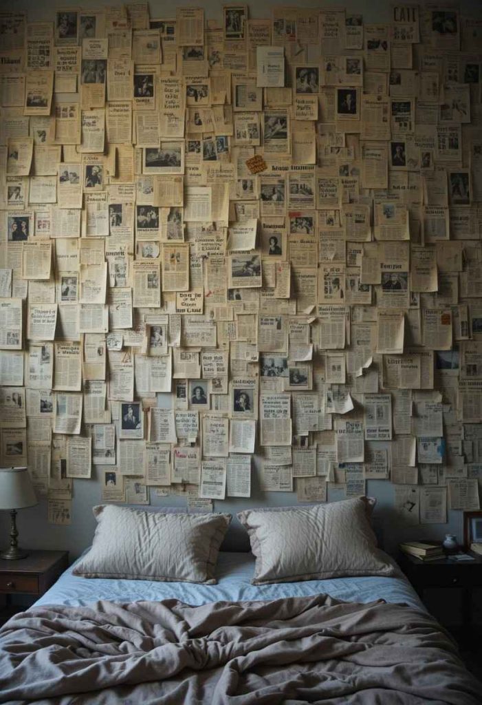 Conspiracy-board style grunge wall made of yellowed newspaper clippings and red string