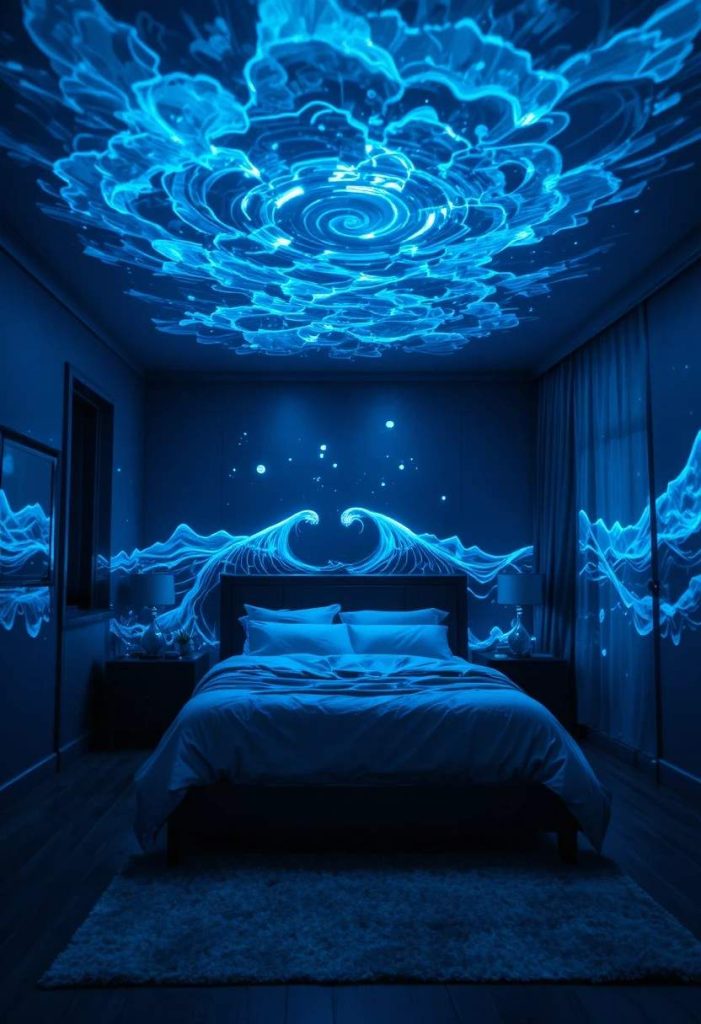 Bedroom with blue water ripple light patterns projected onto the ceiling and walls