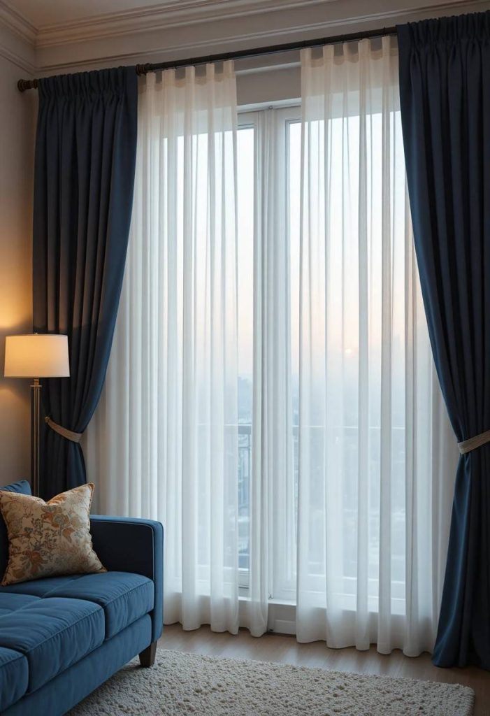 Layered curtains with white sheer panels and deep navy outer drapes on double curtain rods in a cozy living room