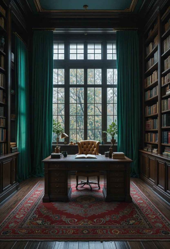 Floor-to-ceiling emerald green velvet curtains in a sophisticated home office with walnut desk and floor-to-ceiling bookshelves