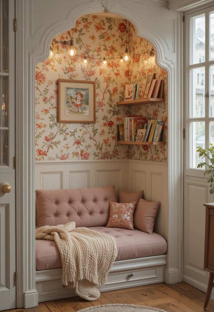 A cosy vintage kids reading nook with tufted floral cushion, illustrated children's books, string lights and botanical wallpaper