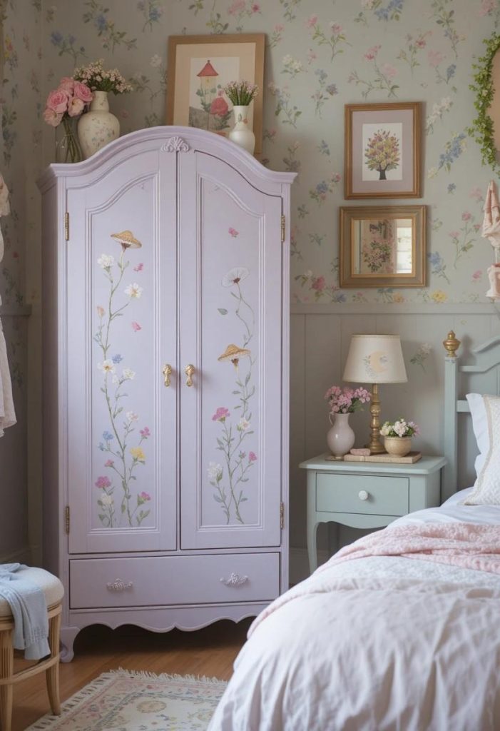 Upcycled chalk paint furniture in lavender and sage green with stencilled mushrooms and moon in a charming whimsical kids room