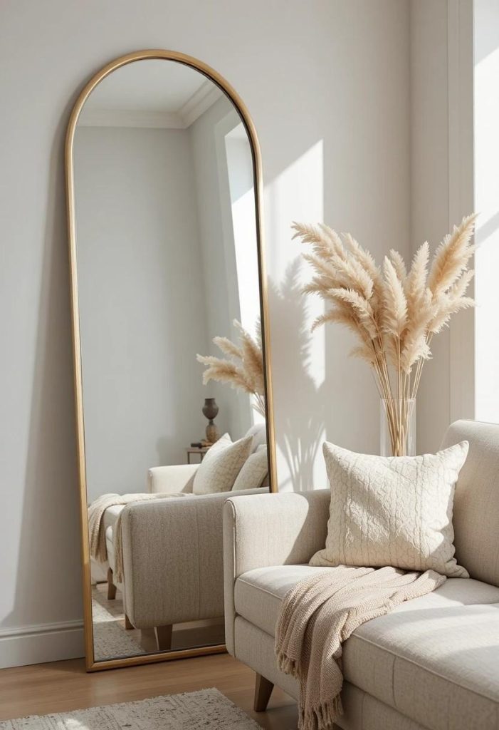 Tall gold arched floor mirror reflecting natural light in a neutral small living room with boucle sofa.
