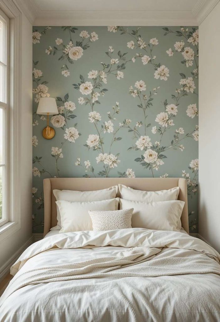 Sage green floral peel-and-stick wallpaper accent wall behind bed in cozy small college bedroom