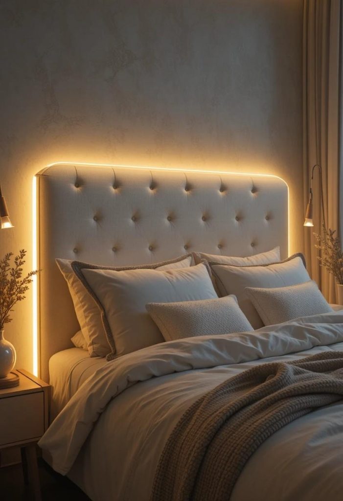Warm white LED strip lights glowing behind headboard in aesthetic college bedroom
