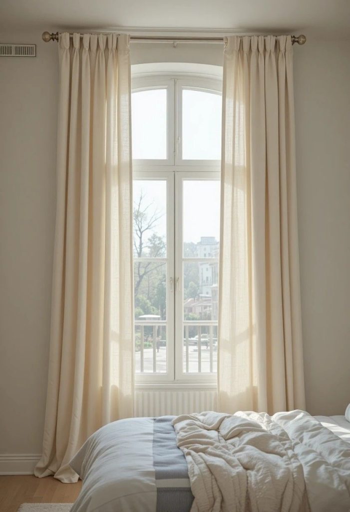 Floor-length cream linen curtains hung high in college apartment bedroom window