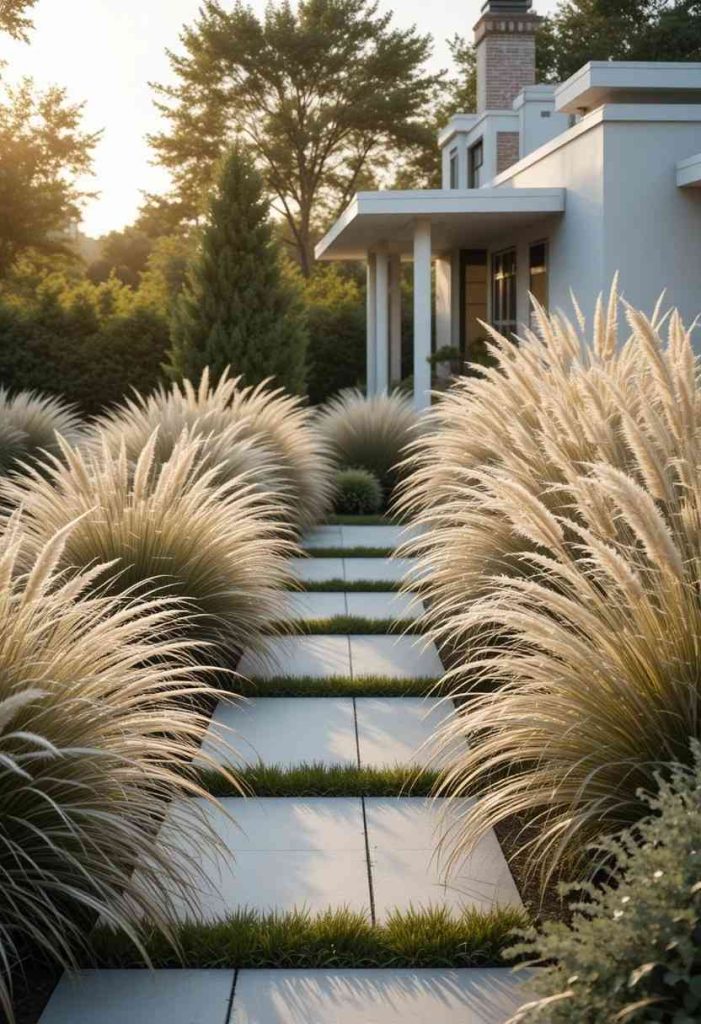 Drifts of feather reed ornamental grasses lining a modern minimalist front yard