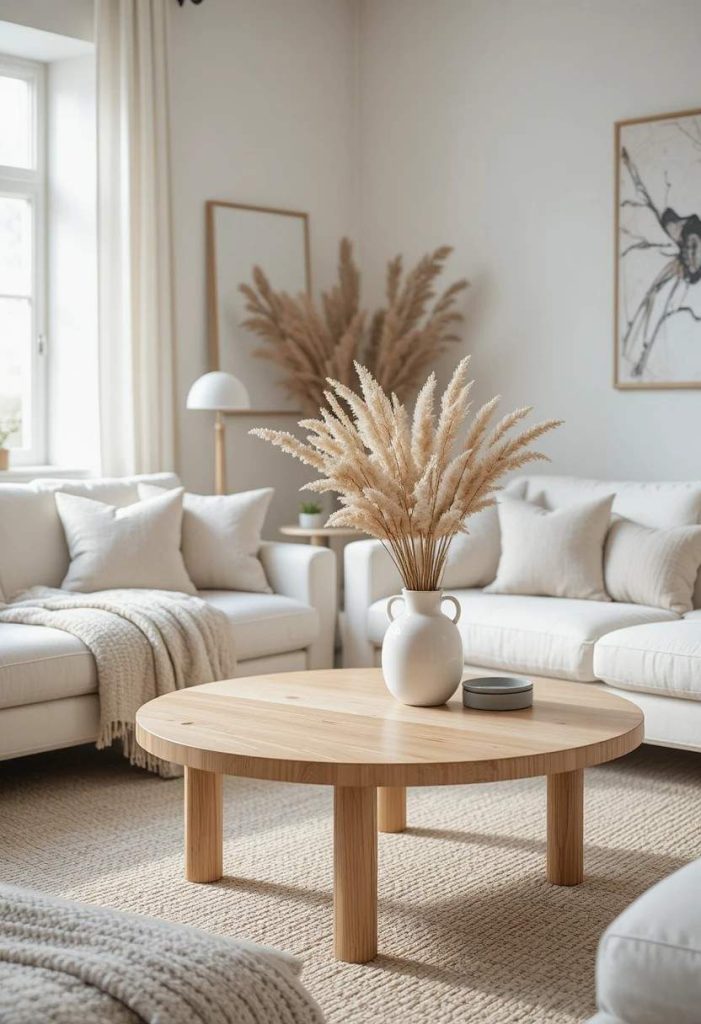 Light oak round coffee table anchoring a Scandinavian living room with a white boucle sofa and dried pampas grass.