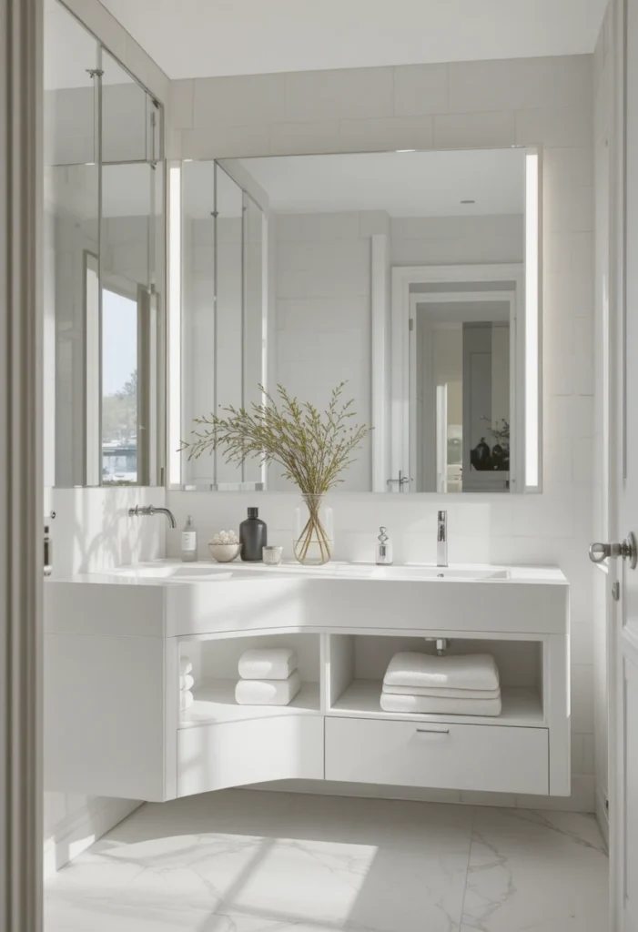 Minimalist all-white bathroom with clean lines and airy modern decor.