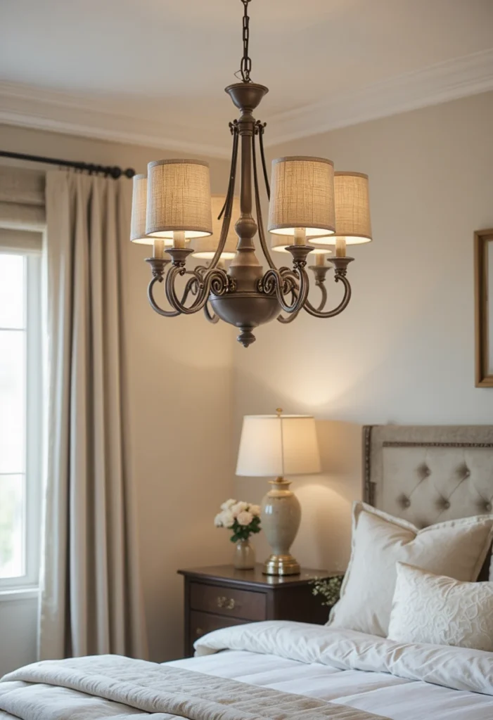 Fabric shade chandelier in a cozy neutral bedroom