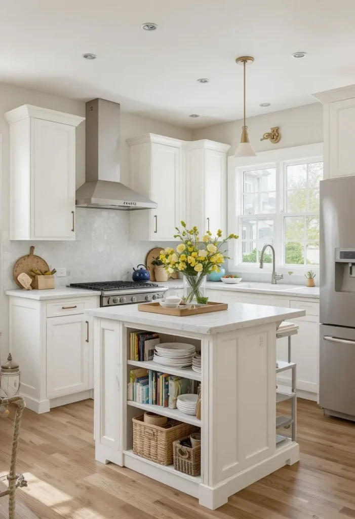 Compact kitchen island with hidden storage in a bright modern kitchen.