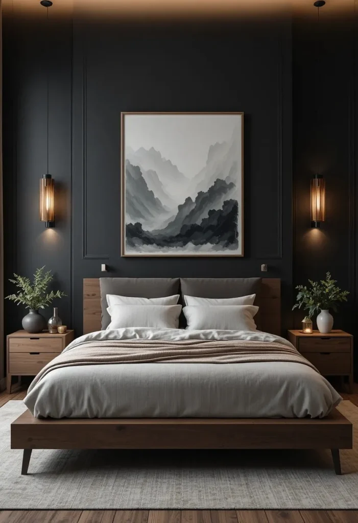 Black bedroom walls paired with warm brown wood furniture