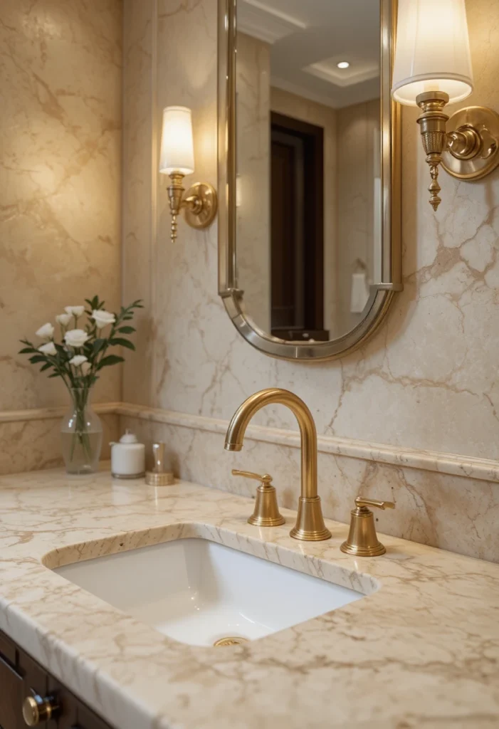 Bathroom sink featuring brushed gold hardware and soft neutral styling.