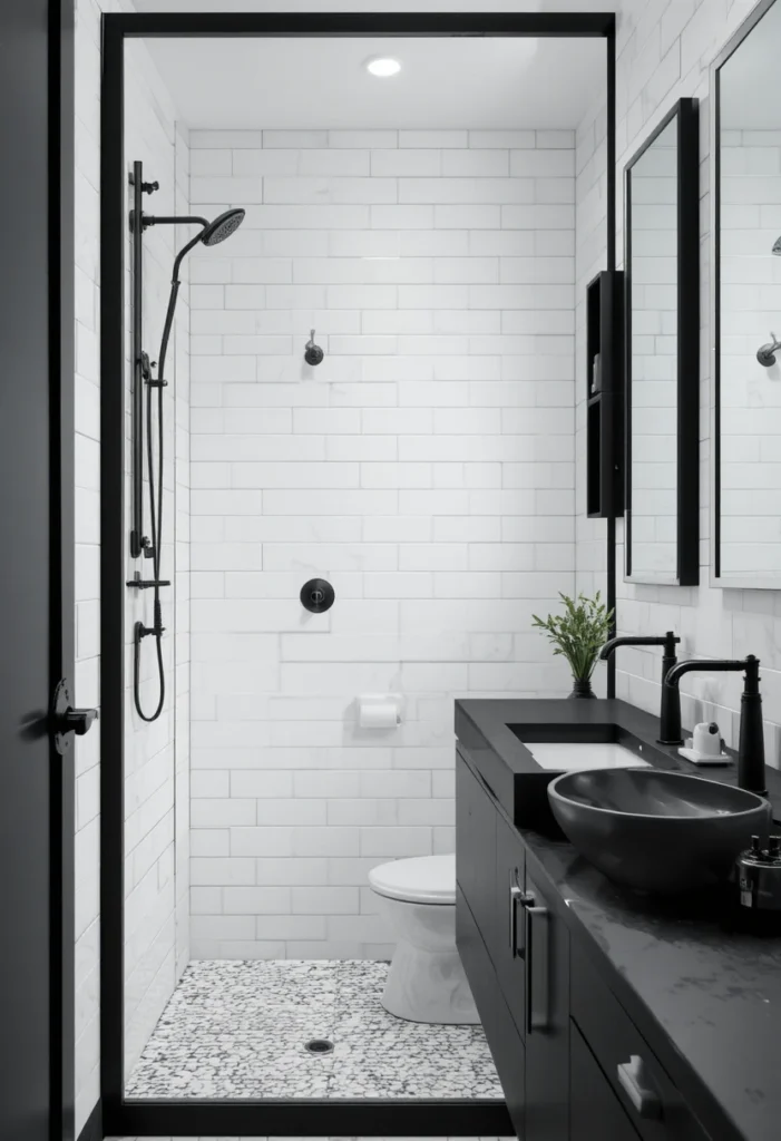 White bathroom with matte black fixtures and modern contrast styling.