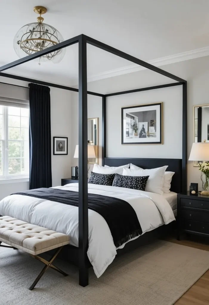 modern black canopy bed frame ideas with sleek bedroom design