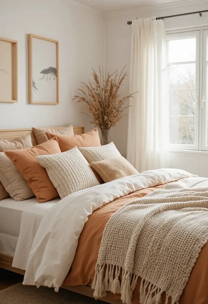 Neutral bedroom styled with terracotta bedding and warm natural textures.