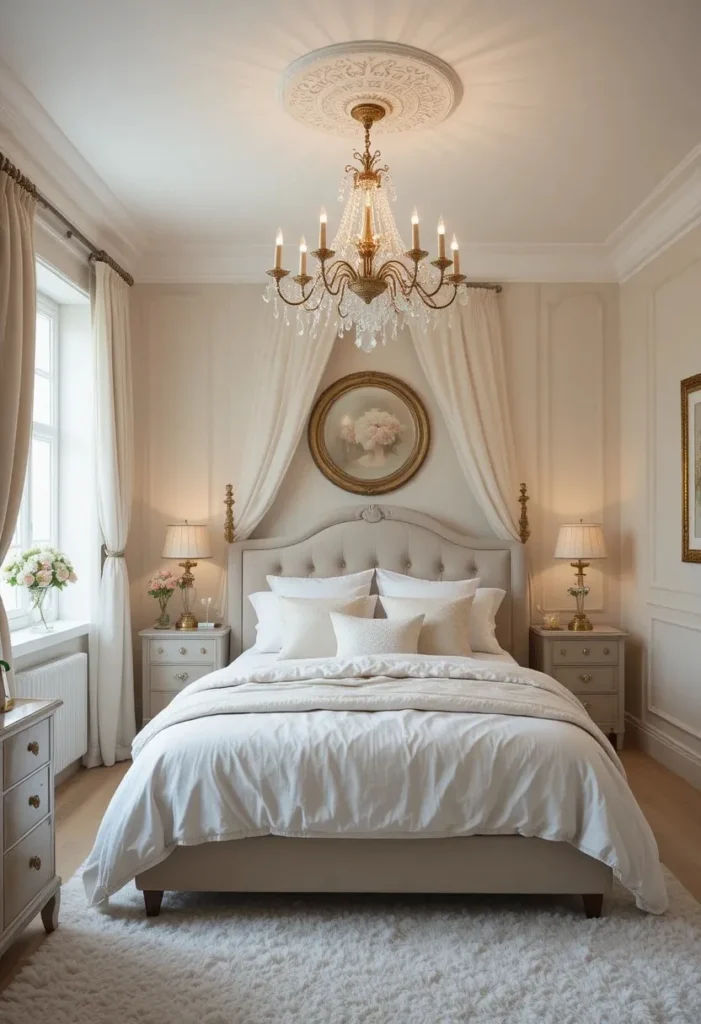Small chandelier in a cozy bedroom design