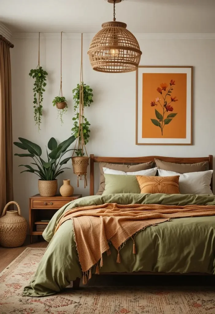 Botanical green and orange bedroom with plants and woven decor