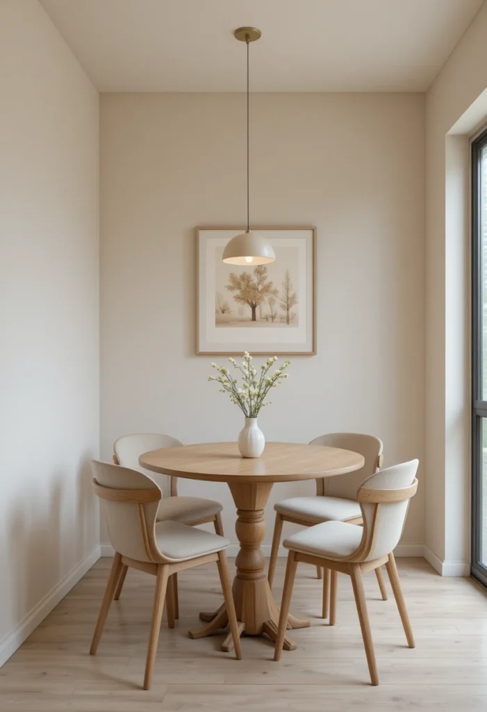 Round dining table creating an intimate and cozy dining setup