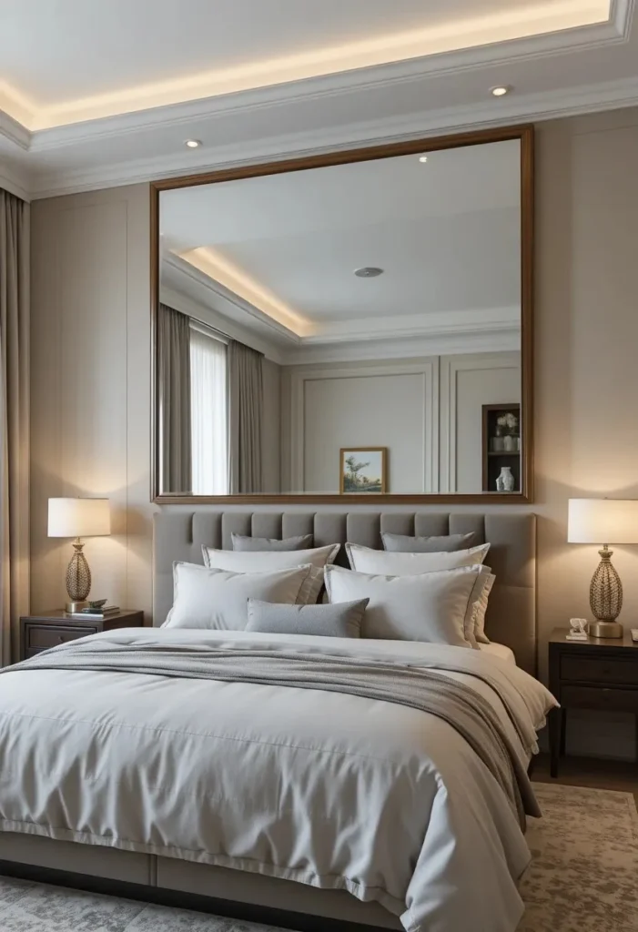 Oversized mirror above bed reflecting soft textures and making the bedroom feel taller and brighter.