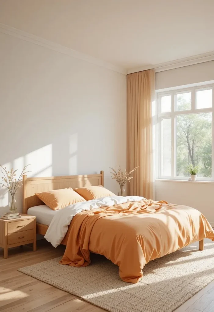 Minimal orange and white bedroom with soft modern styling.