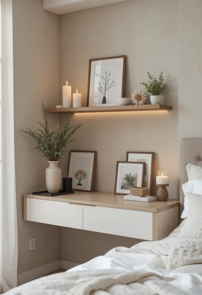 Dressing table with floating shelves and cozy neutral styling