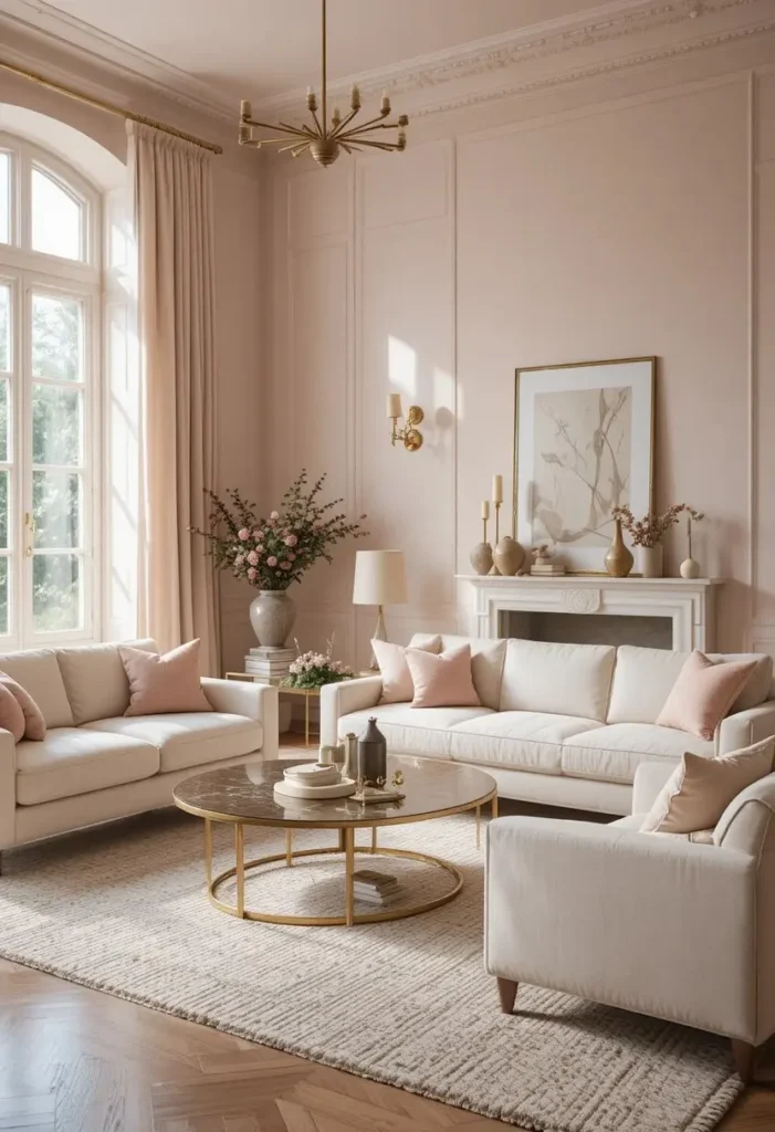 Muted blush living room walls with soft warm decor.