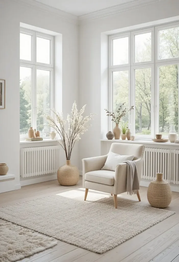 Neutral linen accent chair in a bright minimalist living room.