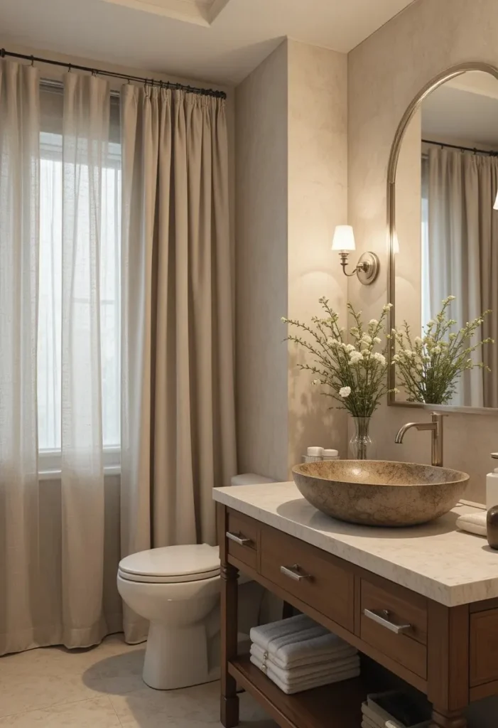 Beige linen bathroom curtains adding warmth and texture to a modern bathroom.