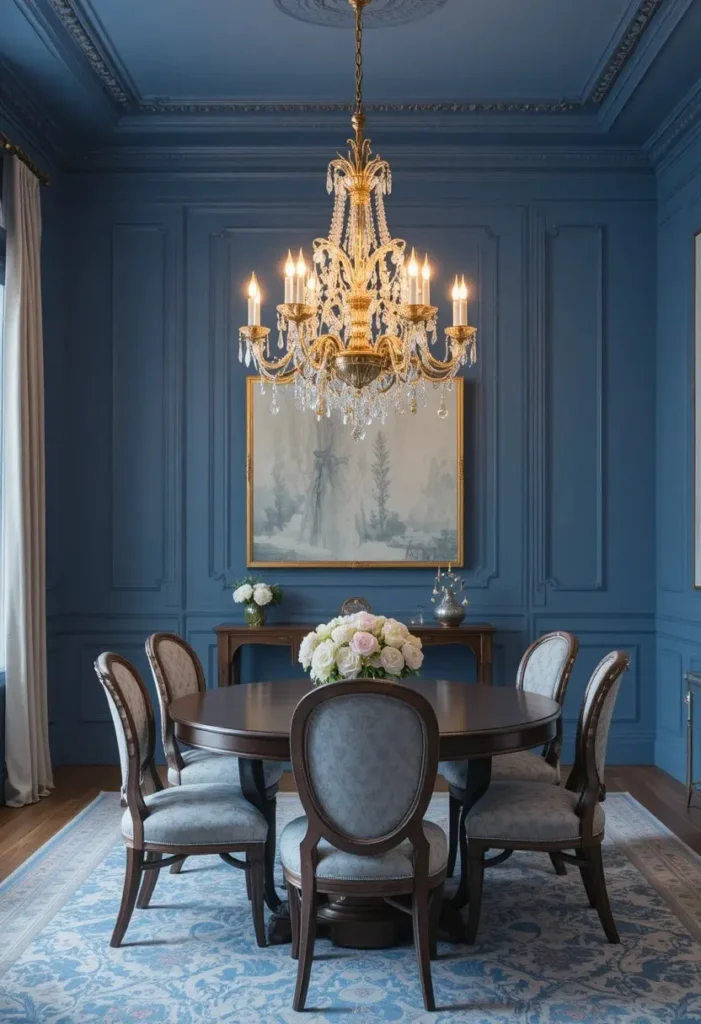 Blue dining room with statement chandelier creating visual impact