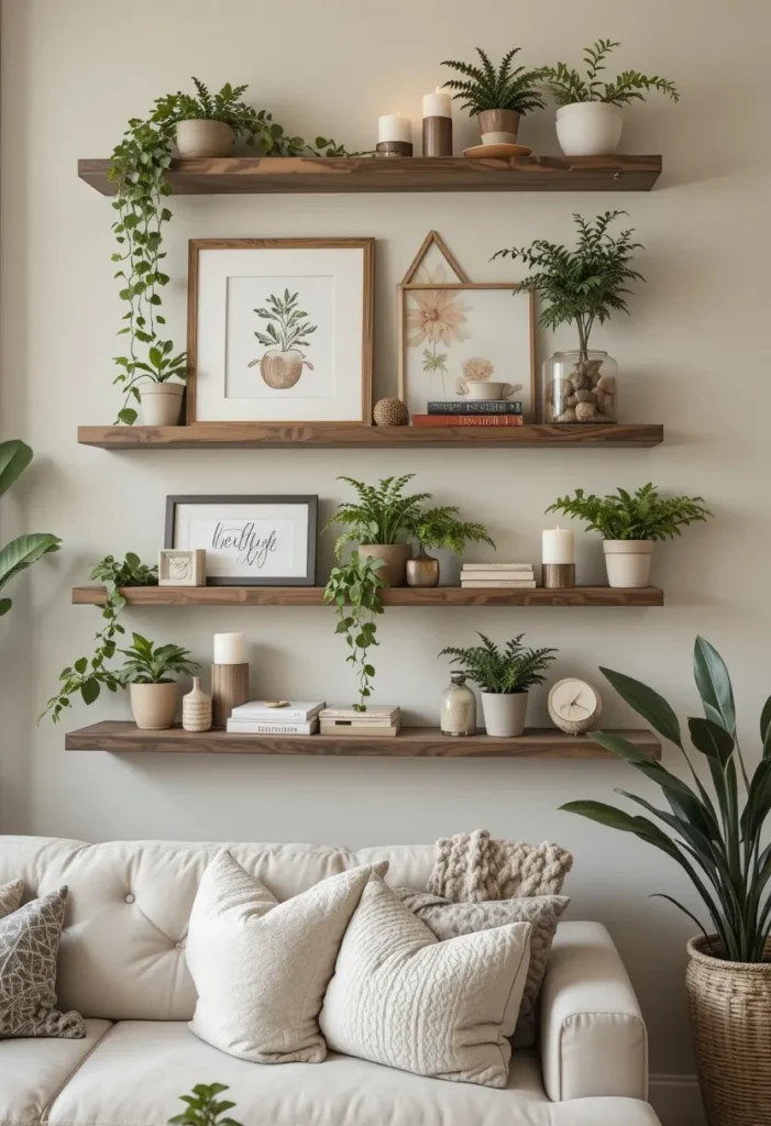 plant wall shelf ideas with mixed decor and greenery styling