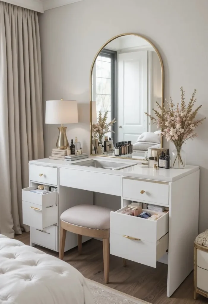 Dressing table with hidden storage and organized setup