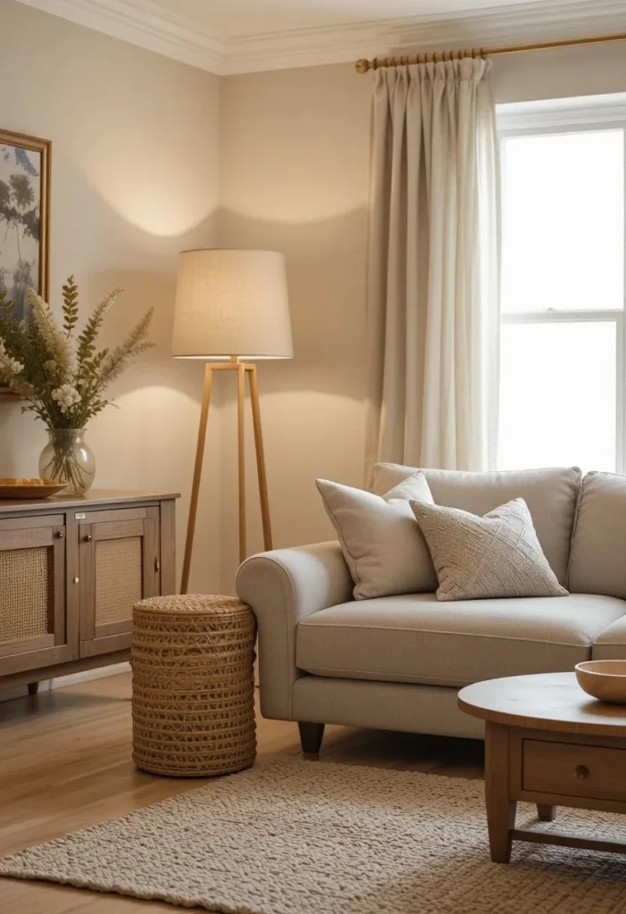 Linen shade floor lamp creating a soft warm glow in a neutral living room.