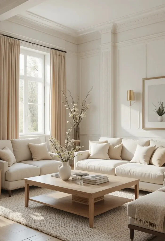 Warm white living room walls with soft neutral cozy decor.