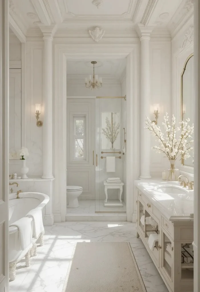 White bathroom layered with soft ivory tones, marble, and textured decor.