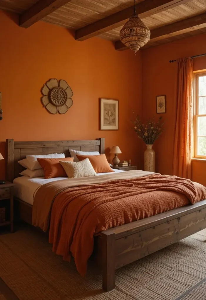 Orange bedroom with natural wood furniture and earthy decor.