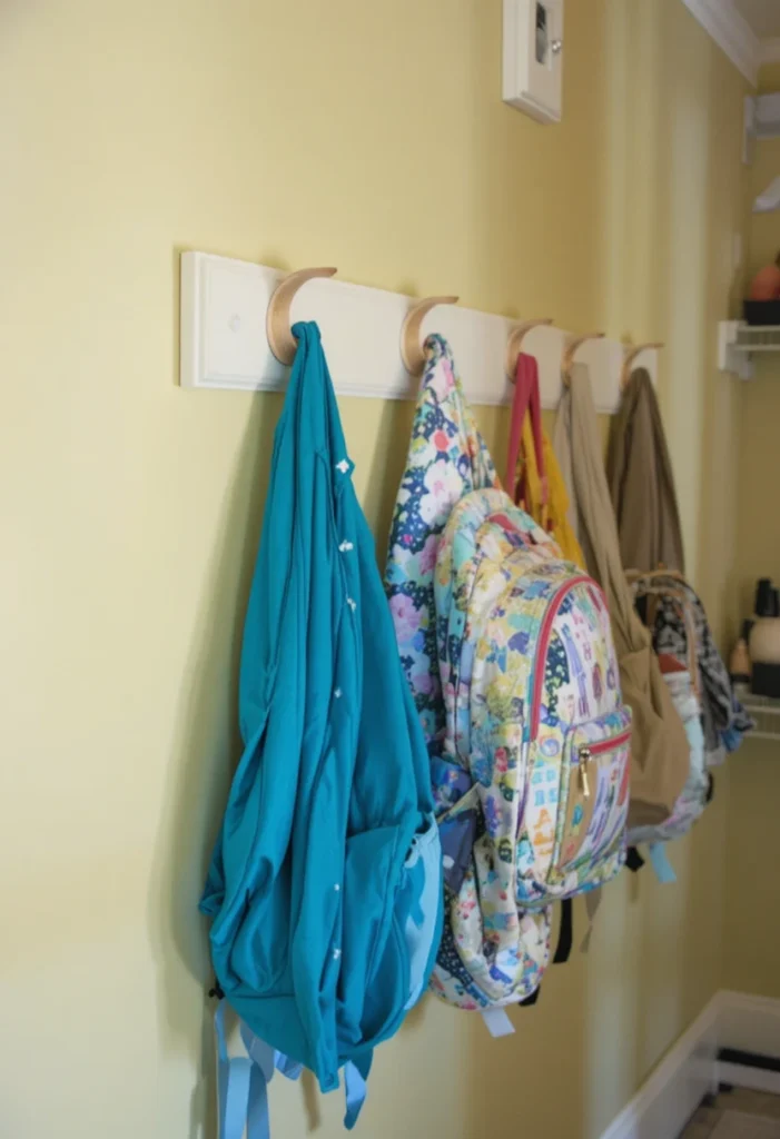 Wall hooks in kids closet holding backpacks and jackets neatly
